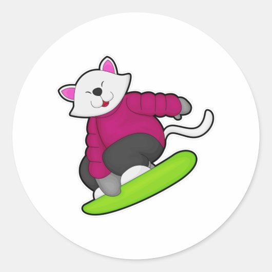 Kat als Snowboarder met Snowboard Ronde Sticker (Voorkant)