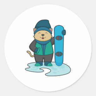 Kat als Snowboarder met Snowboard Ronde Sticker