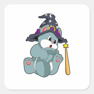 Kat als Tovenaar met Magische kaart & Pet Vierkante Sticker