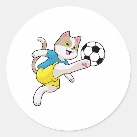 Kat als Voetbalspeler met Voetbal Ronde Sticker (Voorkant)