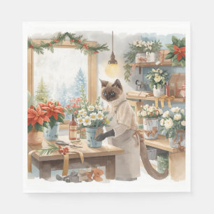 Kat arrangeert Kerstbloemen Servet