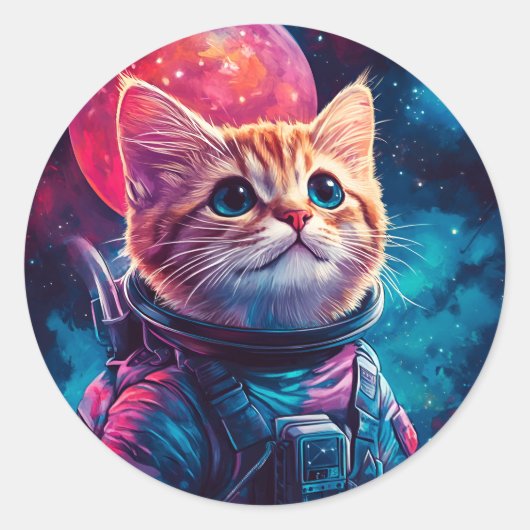 Kat astronaut roze ruimte ronde sticker (Voorkant)