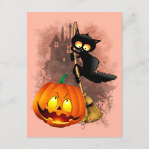 Kat Bang Door Pompoen Fun Halloween Karakter Briefkaart