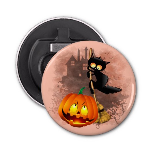 Kat Bang Door Pompoen Fun Halloween Karakter Button Flesopener (Voorkant)