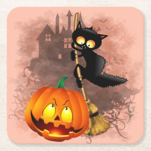 Kat Bang Door Pompoen Fun Halloween Karakter Vierkante Kartonnen Onderzetter