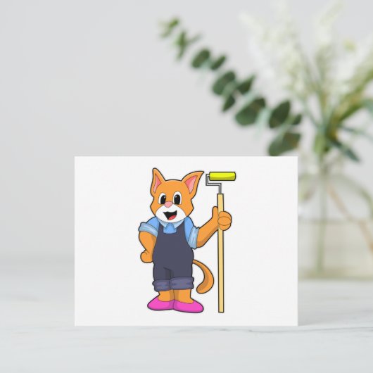 Kat bij behangen met drukroller briefkaart (Staand voorkant)