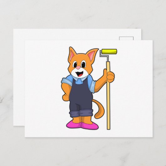 Kat bij behangen met drukroller briefkaart (Voorkant / Achterkant)