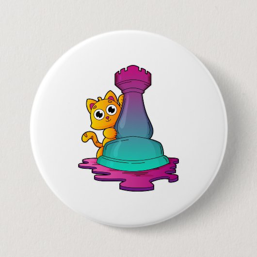 Kat bij Chess met Chess-stuk Rook Ronde Button 7,6 Cm (Voorkant)