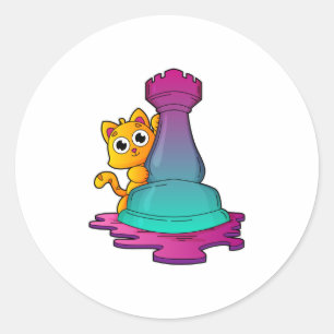Kat bij Chess met Chess-stuk Rook Ronde Sticker