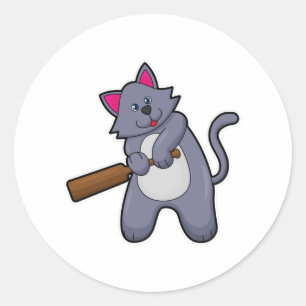 Kat bij Cricket met cricket bat Ronde Sticker