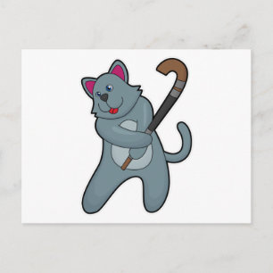 Kat bij hockey met hockeystick briefkaart
