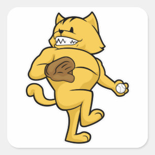 Kat bij honkbal met vanghandschoen vierkante sticker