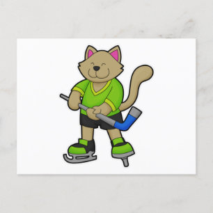 Kat bij ijshockey met ijshockeystick briefkaart