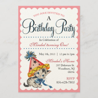 Kat Birthday Party | Retro Birthday-uitnodigingen Kaart