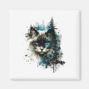 Kat Blauwe Ogen Kat Motief Kunst Bos Dier Kat Magneet