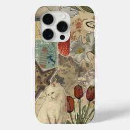 Kat bloemcollagepatroon – Schattig artistiek ontwe iPhone 15 Pro Case