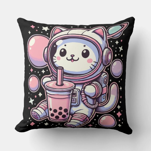 Kat Bubble Boba Thee In De Ruimte Astronaut Anime Kussen (Voorkant)