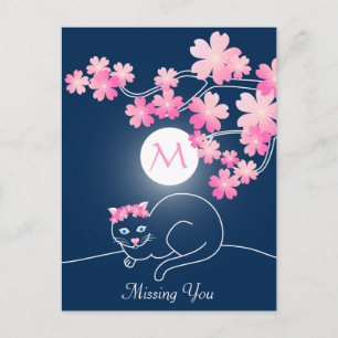 kat Cherry Blossom Moon Pink Sakura Blue Briefkaart