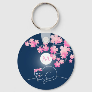 kat Cherry Blossom Moon Pink Sakura Blue Sleutelhanger