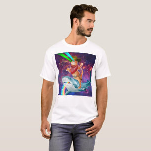 Kat Cowboy die een haai met een regenboog beweegt T-shirt