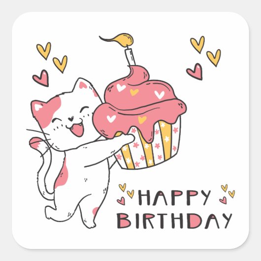 Kat Cute Kawaii met cupcake Square Sticker (Voorkant)
