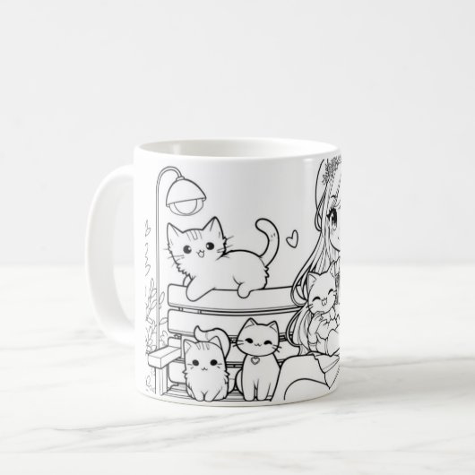 Kat dame met haar katten op een bank koffiemok (Voorkant links)