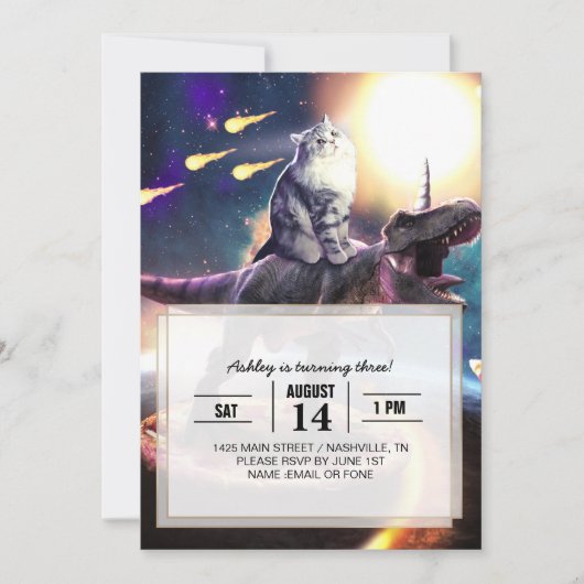 Kat dat dinosaurus unicorn in de ruimte rijdt kaart (Voorkant)