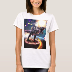 Kat dat dinosaurus unicorn in de ruimte rijdt t-shirt