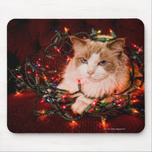 Kat dat op een bal van kerstlampen zit. muismat