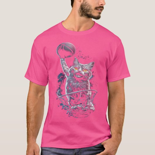 Kat die een basketbal in een mand gooit t-shirt (Voorkant)