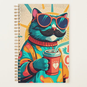 Kat die een oversized zonnebril draagt, een koffie planner