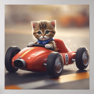 Kat die een raceauto bestuurt poster