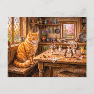 Kat die muizen ziet dansen in de keuken briefkaart