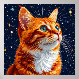 Kat die naar een sterrenhemel kijkt poster