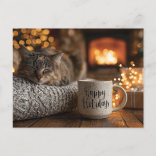 Kat die naast een 'Prettige Feestdagen'-mok slaapt Briefkaart