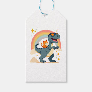 Kat die op dinosaurus T-Rex kitten regenboog dino  Cadeaulabel