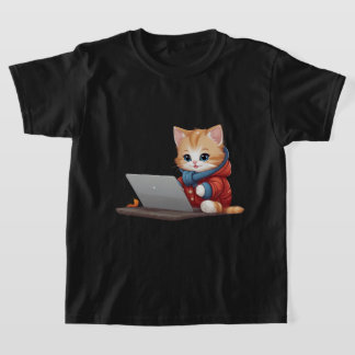 Kat die op Laptop werkt, kat die grappige kleren d T-shirt