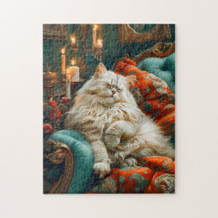 Kat die slaapt op een gezellige stoel bij kaarslic legpuzzel