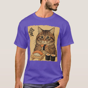 Kat die sushi eet, grappige Japanse kunst in vinta T-shirt