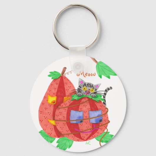 Kat die zich achter pompoenen verbergt witte ronde sleutelhanger (Voorkant)