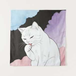 Kat die zijn poot schoonmaakt wandkleed