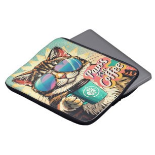 Kat draagt oversized zonnebril met koffie laptop sleeve
