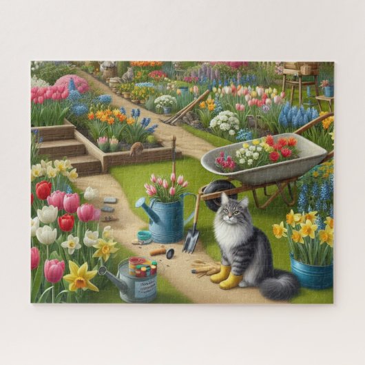 Kat draagt tuinlaarzen Bloemen Legpuzzel (Horizontaal)