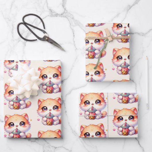 Kat Drink Boba Schattigee Bubble Tea Inpakpapier Vel (Voorkant)