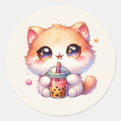 Kat Drink Boba Schattigee Bubble Tea Ronde Sticker (Voorkant)