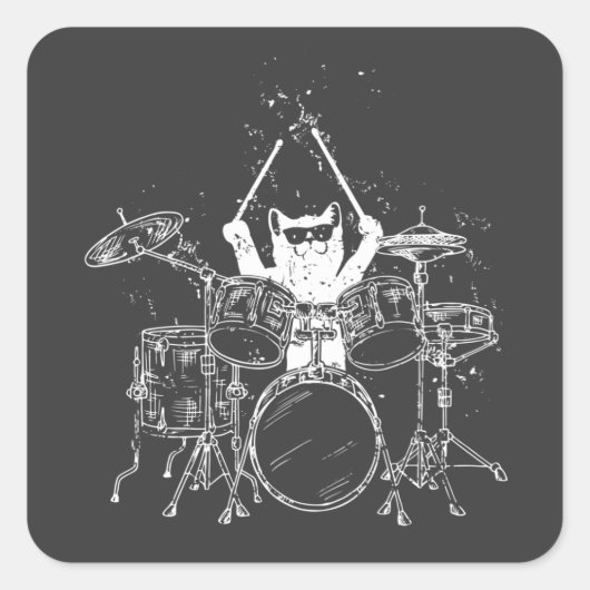 Kat Drummer die drums speelt Vierkante Sticker (Voorkant)