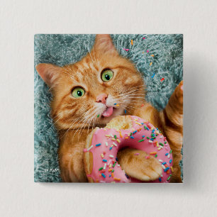 Kat Eating Donut Vierkante Button 5,1 Cm
