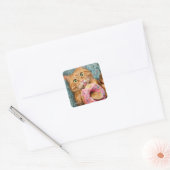 Kat Eating Donut Vierkante Sticker (Envelop)