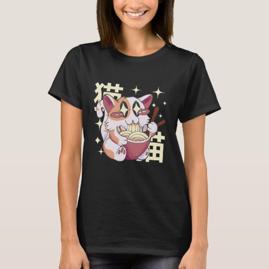 Kat Eating Ramen Food T-shirt (Voorkant)