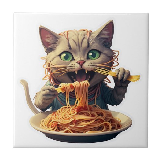 Kat Eating Spaghetti Tegeltje (Voorkant)